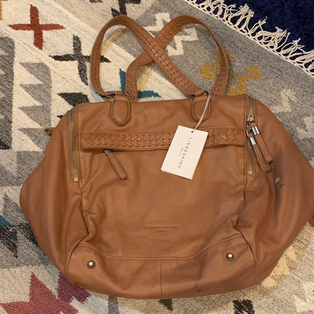 NWT LEIBESKIND Merona Tan Leather Shoulder Bag with Braided Handles